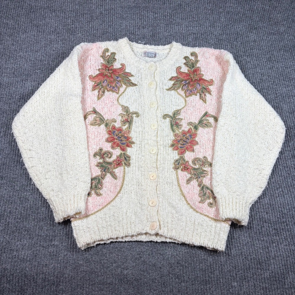 Lindsey Blake Sweater Womens S Vintage Floral Cardigan Cream Pink Beaded